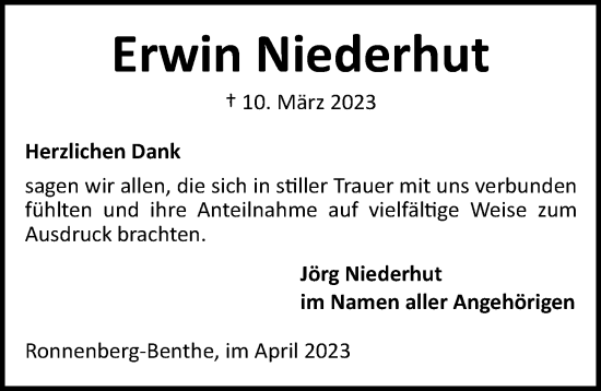 Traueranzeige von Erwin Niederhut von Hannoversche Allgemeine Zeitung/Neue Presse