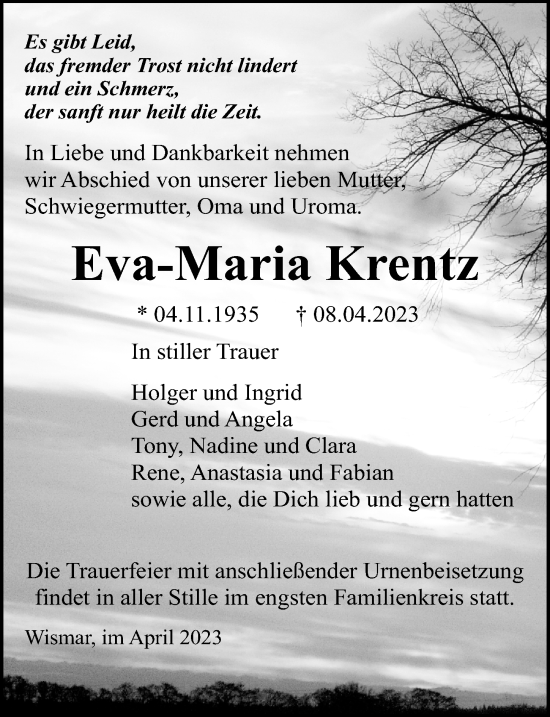 Traueranzeige von Eva-Maria Krentz von Ostsee-Zeitung GmbH