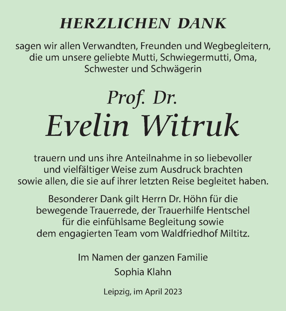  Traueranzeige für Evelin Witruk vom 22.04.2023 aus Leipziger Volkszeitung