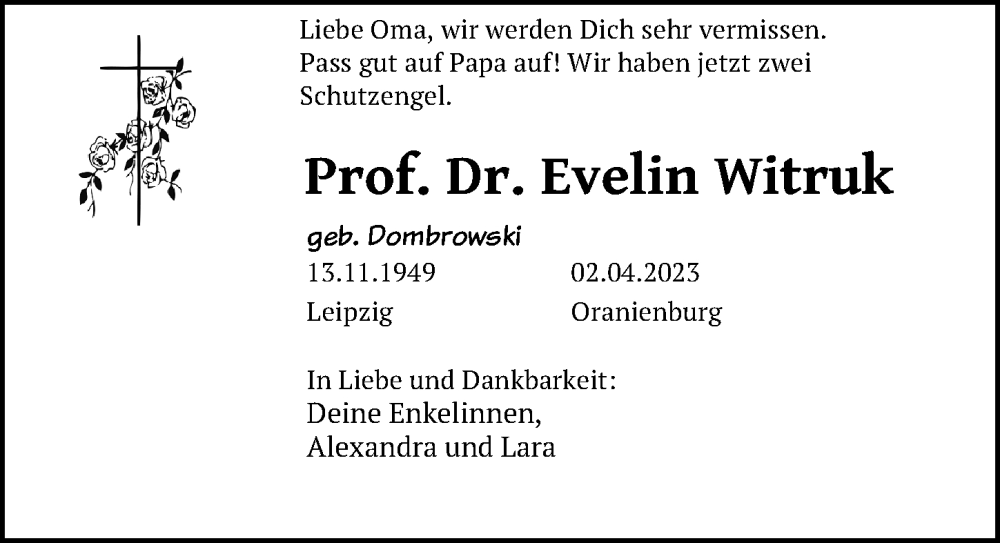  Traueranzeige für Evelin Witruk vom 08.04.2023 aus Leipziger Volkszeitung