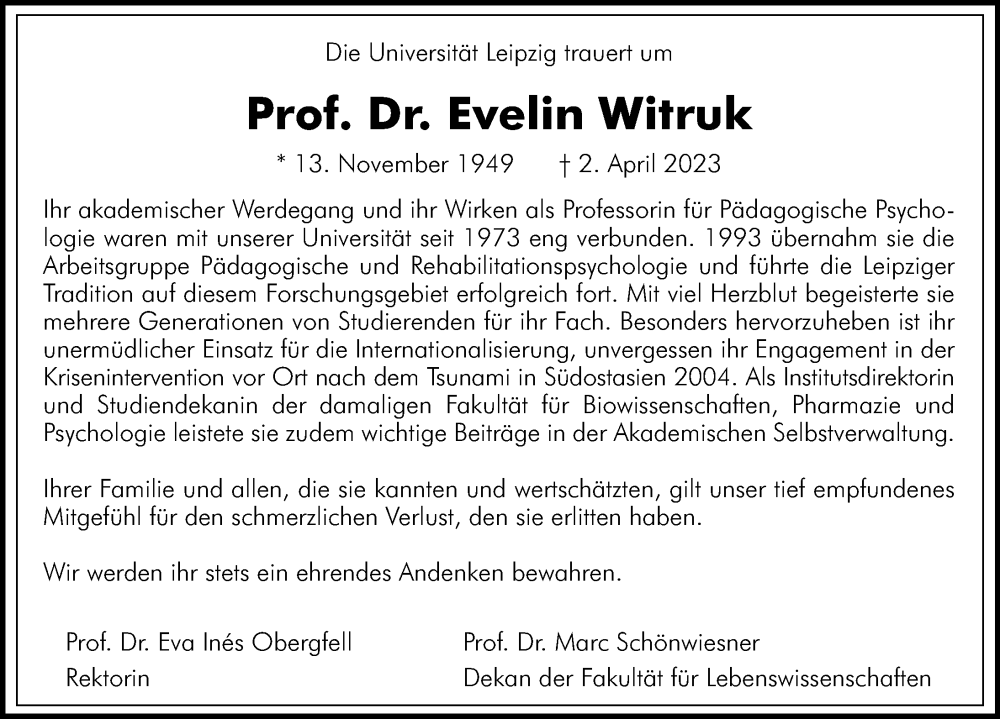  Traueranzeige für Evelin Witruk vom 19.04.2023 aus Leipziger Volkszeitung