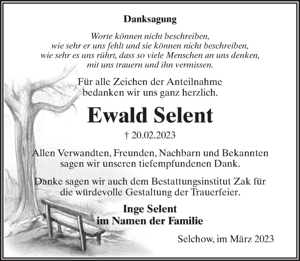  Traueranzeige für Ewald Selent vom 01.04.2023 aus Märkischen Allgemeine Zeitung