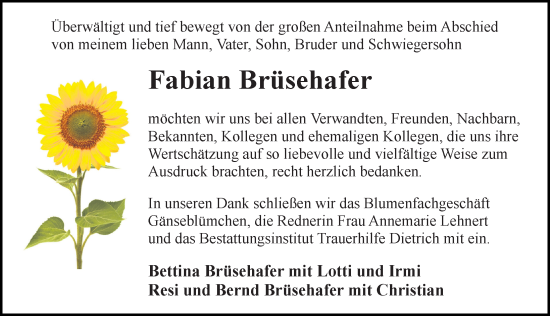 Traueranzeige von Fabian Brüsehafer von Ostsee-Zeitung GmbH
