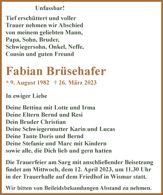 Traueranzeige von Fabian Brüsehafer von Ostsee-Zeitung GmbH