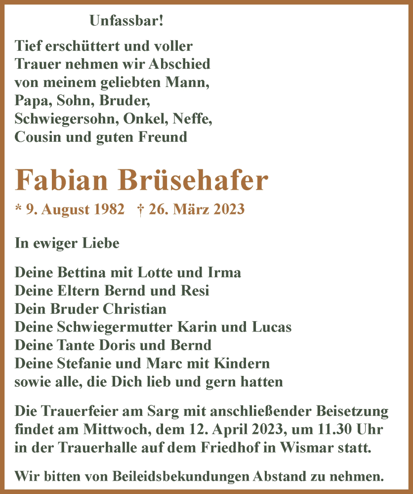  Traueranzeige für Fabian Brüsehafer vom 08.04.2023 aus Ostsee-Zeitung GmbH