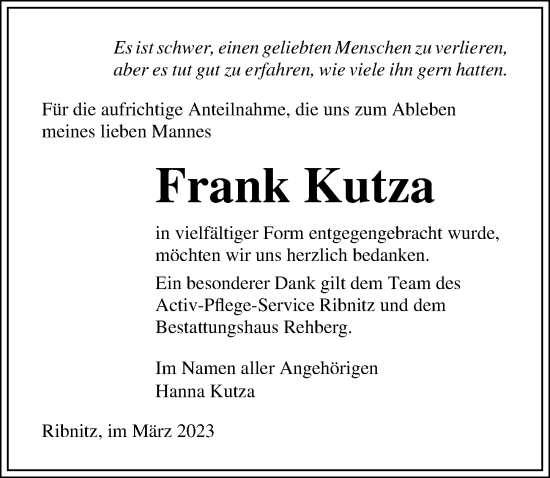 Traueranzeige von Frank Kutza von Ostsee-Zeitung GmbH