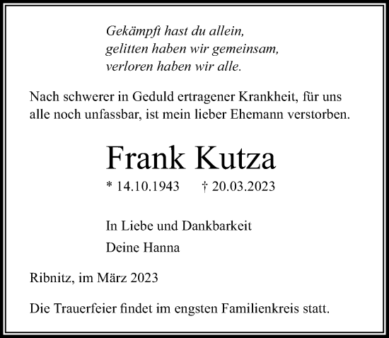 Traueranzeige von Frank Kutza von Ostsee-Zeitung GmbH