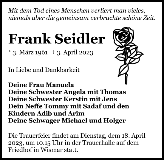 Traueranzeige von Frank Seidler von Ostsee-Zeitung GmbH