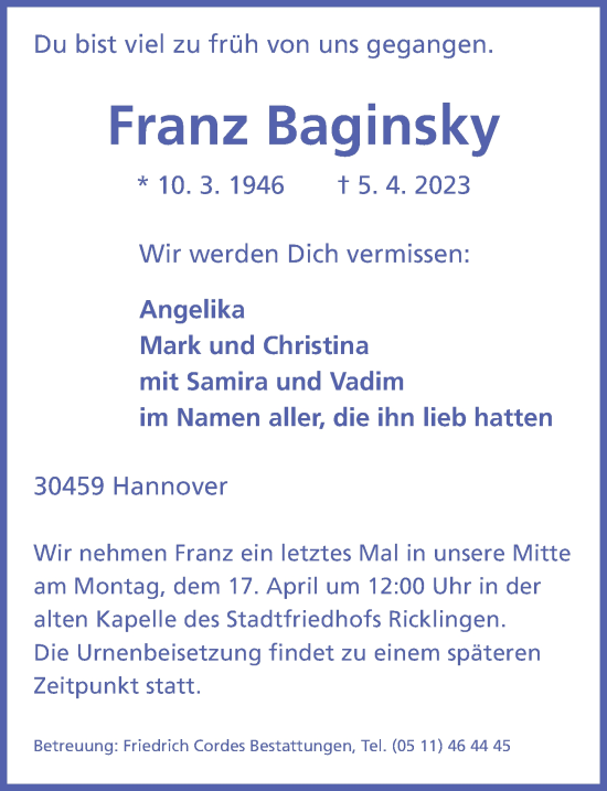 Traueranzeige von Franz Baginsky von Hannoversche Allgemeine Zeitung/Neue Presse