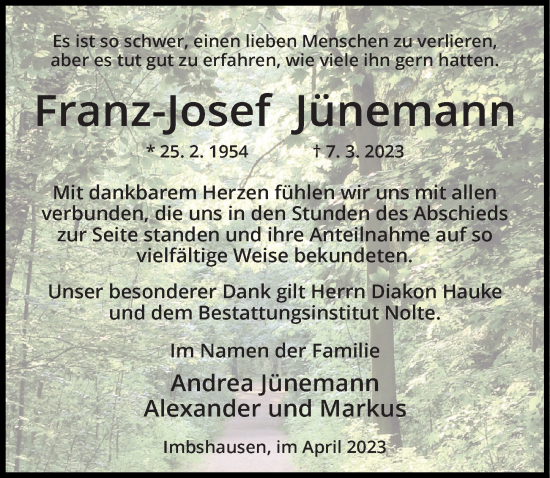 Traueranzeige von Franz-Josef Jünemann von Eichsfelder Tageblatt