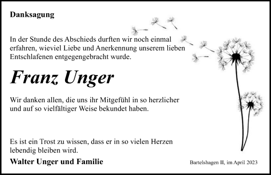 Traueranzeige von Franz Unger von Ostsee-Zeitung GmbH