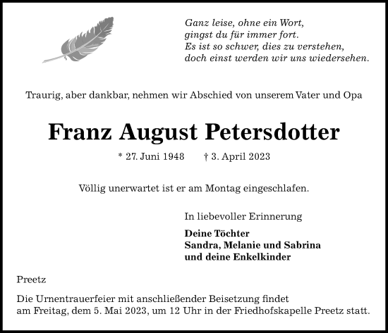 Traueranzeige von Franz August Petersdotter von Kieler Nachrichten