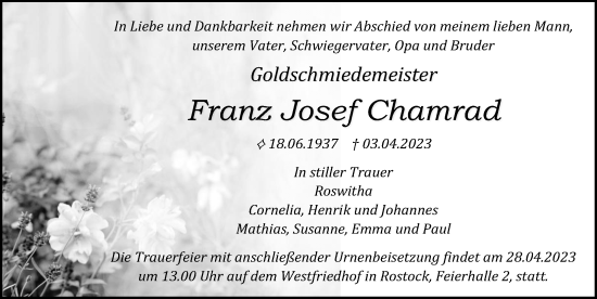 Traueranzeige von Franz Josef Chamrad von Ostsee-Zeitung GmbH