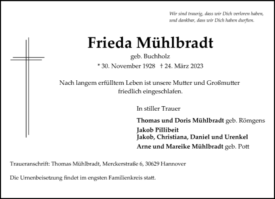 Traueranzeige von Frieda Mühlbradt von Hannoversche Allgemeine Zeitung/Neue Presse