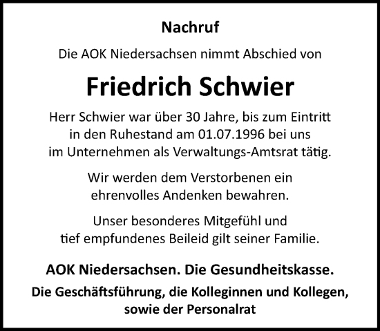 Traueranzeige von Friedrich Schwier von Schaumburger Nachrichten