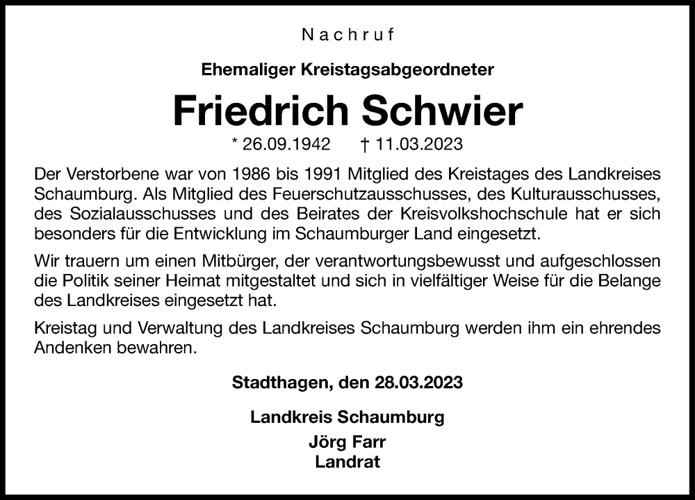  Traueranzeige für Friedrich Schwier vom 01.04.2023 aus Schaumburger Nachrichten