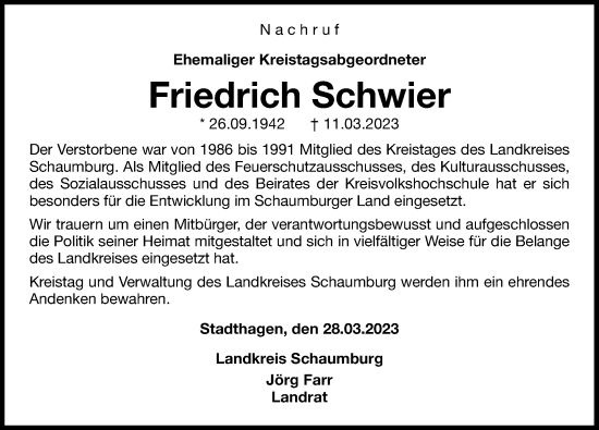 Traueranzeige von Friedrich Schwier von Schaumburger Nachrichten