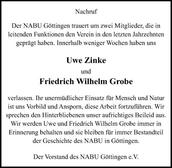 Traueranzeige von Friedrich Wilhelm Grobe von Göttinger Tageblatt