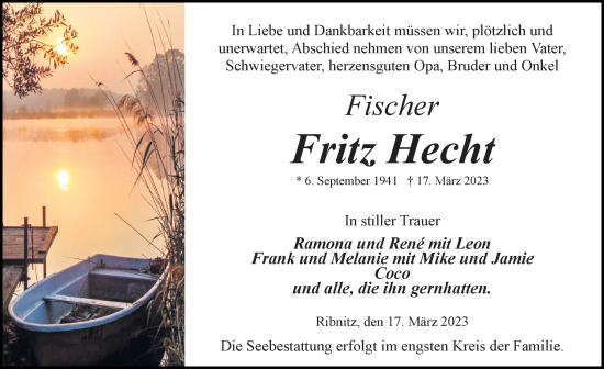 Traueranzeige von Fritz Hecht von Ostsee-Zeitung GmbH