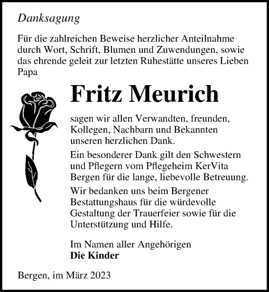 Traueranzeige von Fritz Meurich von Ostsee-Zeitung GmbH