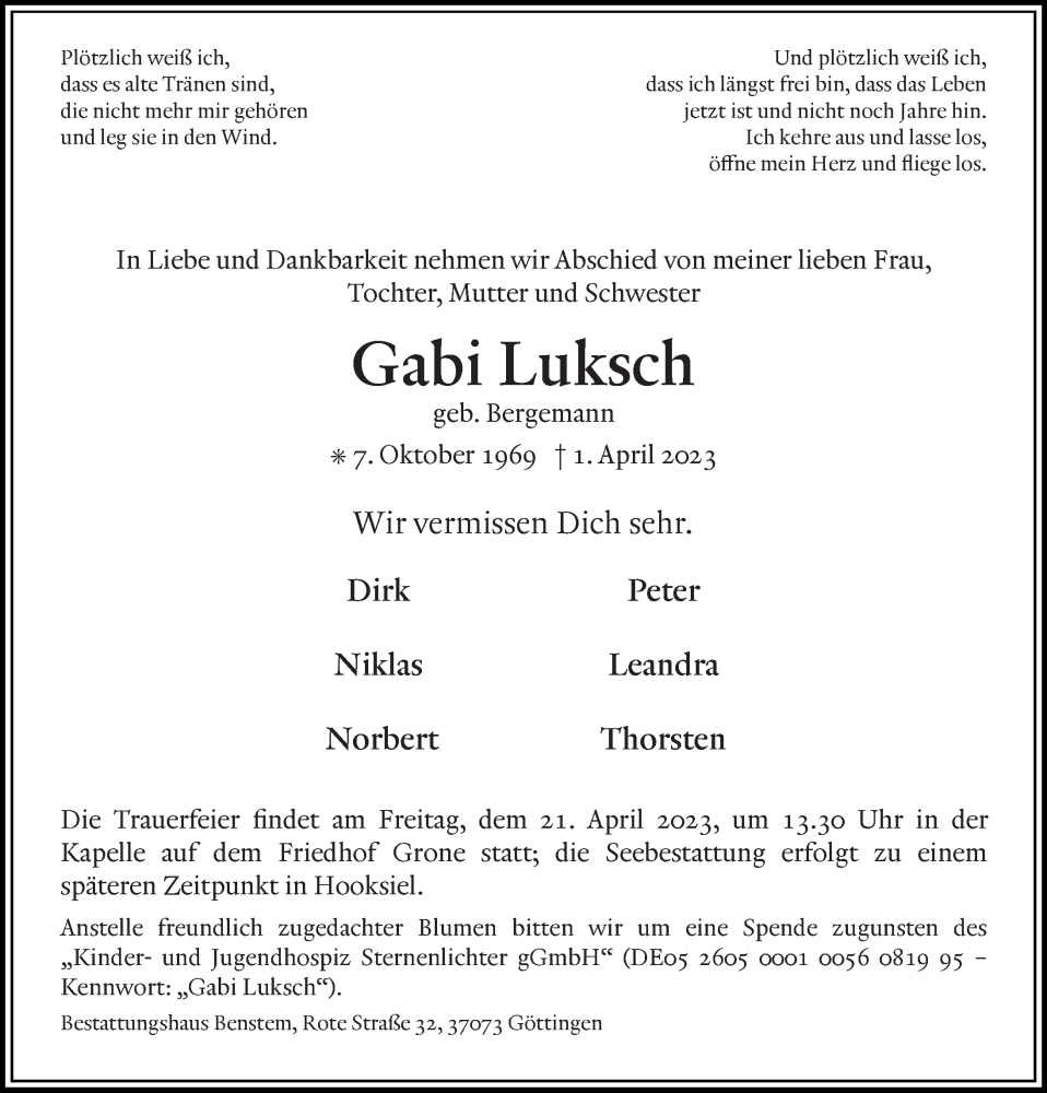  Traueranzeige für Gabi Luksch vom 15.04.2023 aus Göttinger Tageblatt