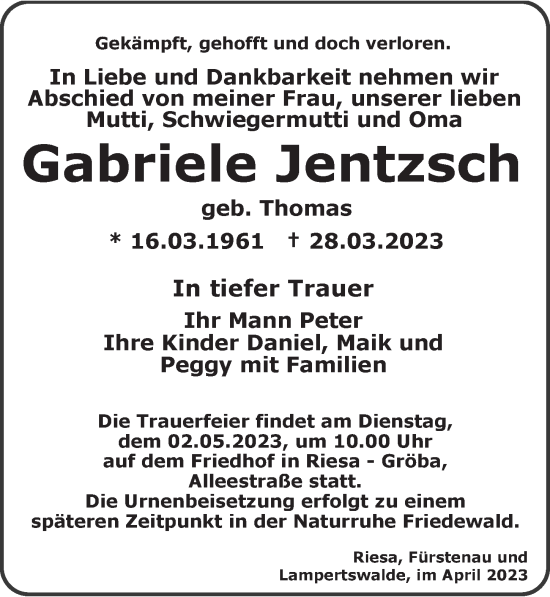 Traueranzeige von Gabriele Jentzsch von Leipziger Volkszeitung
