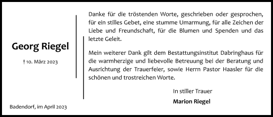 Traueranzeige von Georg Riegel von Lübecker Nachrichten