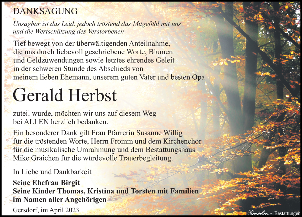  Traueranzeige für Gerald Herbst vom 22.04.2023 aus Leipziger Volkszeitung