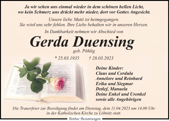 Traueranzeige von Gerda Duensing von Leipziger Volkszeitung