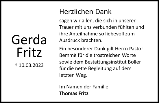 Traueranzeige von Gerda Fritz von Lübecker Nachrichten