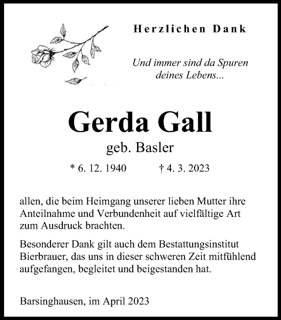 Traueranzeige von Gerda Gall von Hannoversche Allgemeine Zeitung/Neue Presse