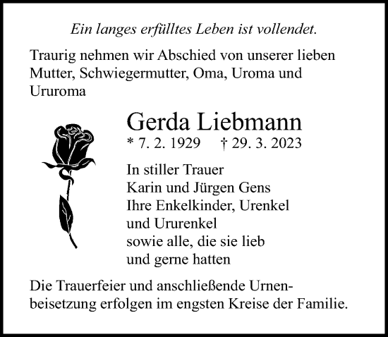 Traueranzeige von Gerda Liebmann von Ostsee-Zeitung GmbH