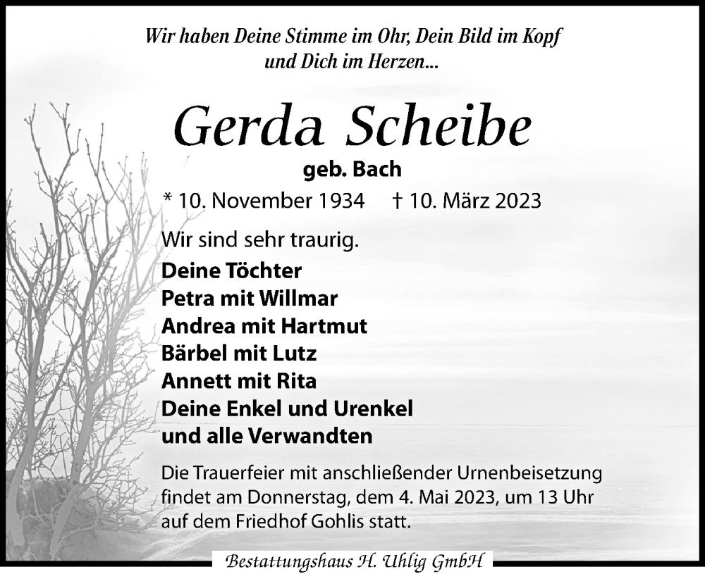  Traueranzeige für Gerda Scheibe vom 29.04.2023 aus Leipziger Volkszeitung