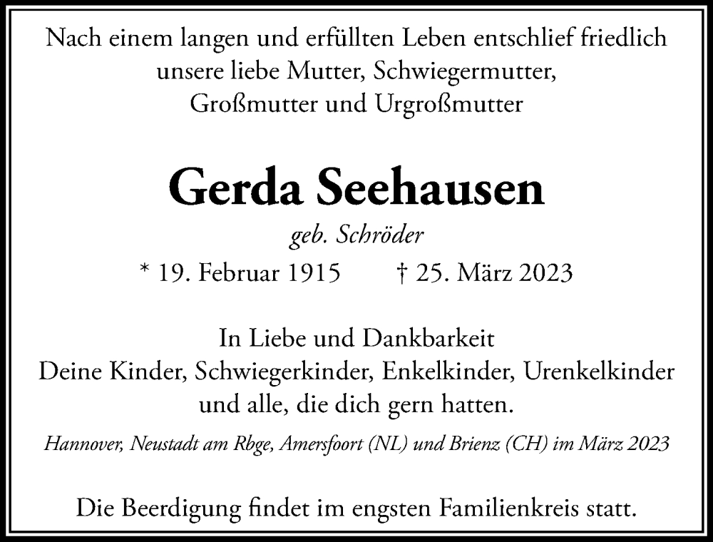  Traueranzeige für Gerda Seehausen vom 01.04.2023 aus Hannoversche Allgemeine Zeitung/Neue Presse