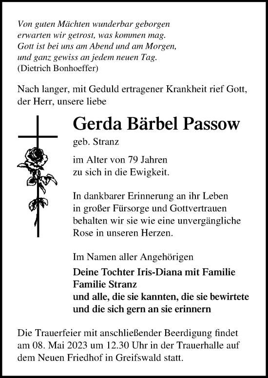 Traueranzeige von Gerda Bärbel Passow von Ostsee-Zeitung GmbH