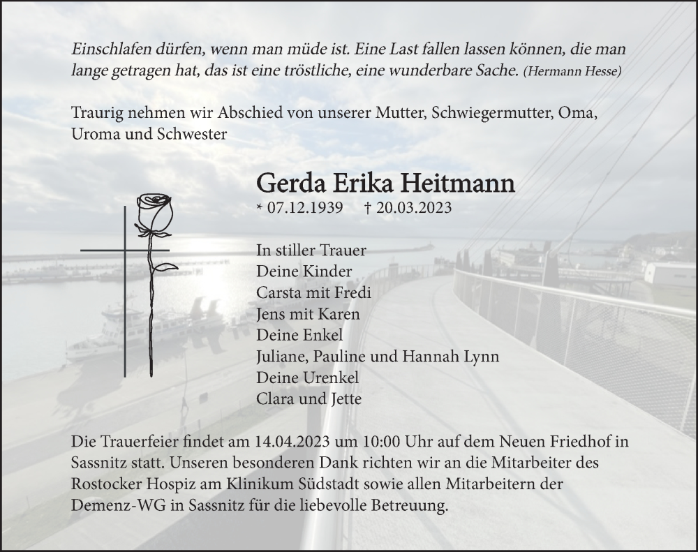  Traueranzeige für Gerda Erika Heitmann vom 01.04.2023 aus Ostsee-Zeitung GmbH
