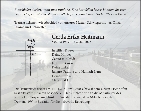 Traueranzeige von Gerda Erika Heitmann von Ostsee-Zeitung GmbH