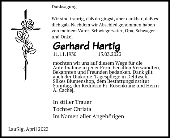 Traueranzeige von Gerhard Hartig von Leipziger Volkszeitung