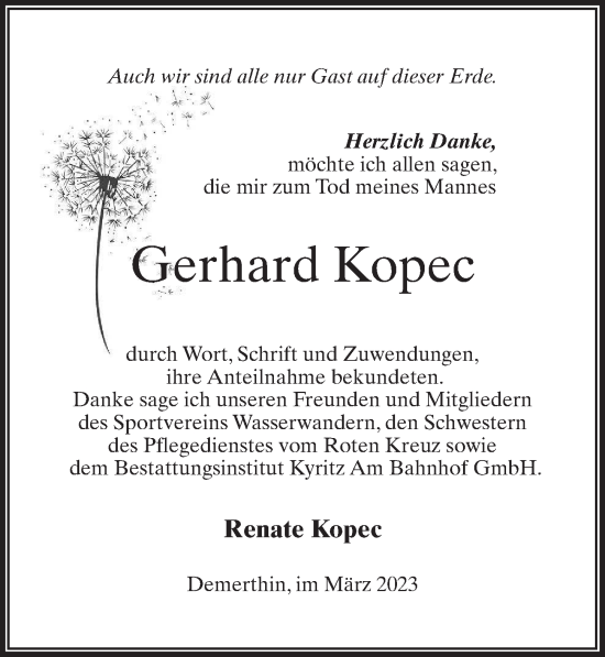Traueranzeige von Gerhard Kopec von Märkischen Allgemeine Zeitung