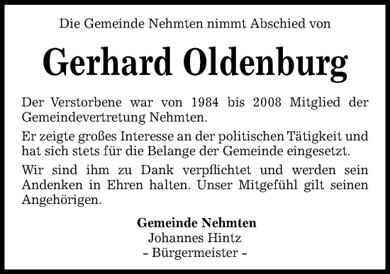 Traueranzeige von Gerhard Oldenburg von Kieler Nachrichten