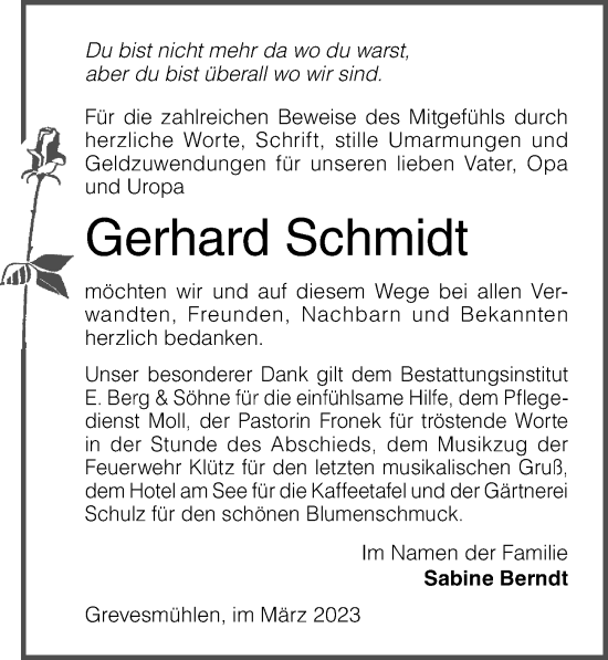 Traueranzeige von Gerhard Schmidt von Ostsee-Zeitung GmbH
