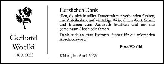 Traueranzeige von Gerhard Woelki von Kieler Nachrichten