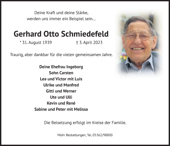 Traueranzeige von Gerhard Otto Schmiedefeld von Aller Zeitung