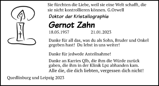 Traueranzeige von Gernot Zahn von Leipziger Volkszeitung