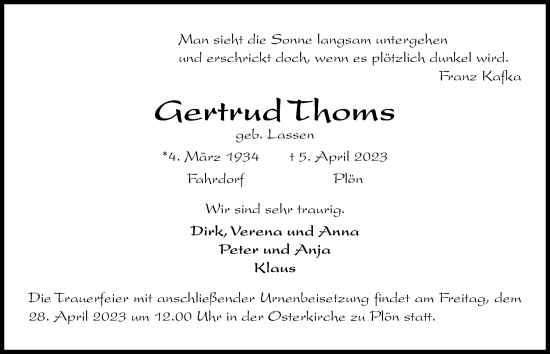 Traueranzeige von Gertrud Thoms von Kieler Nachrichten