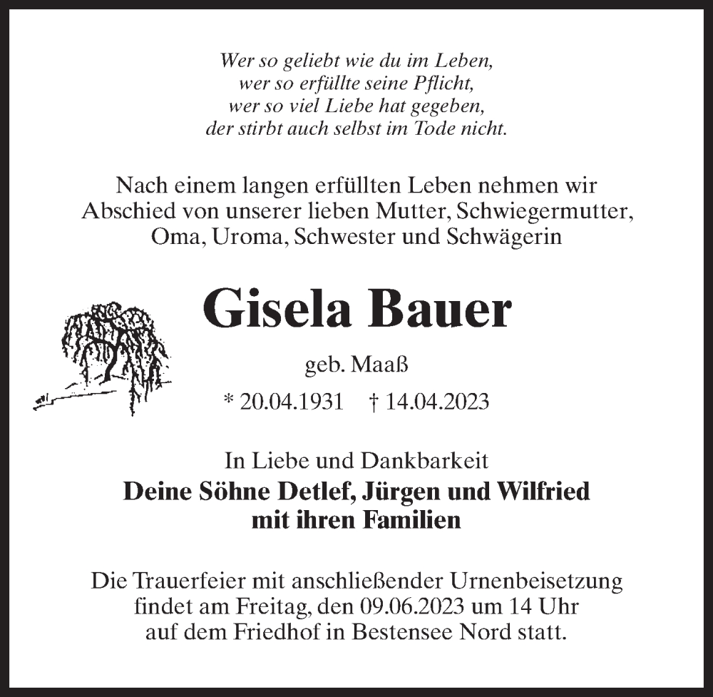  Traueranzeige für Gisela Bauer vom 29.04.2023 aus Märkischen Allgemeine Zeitung