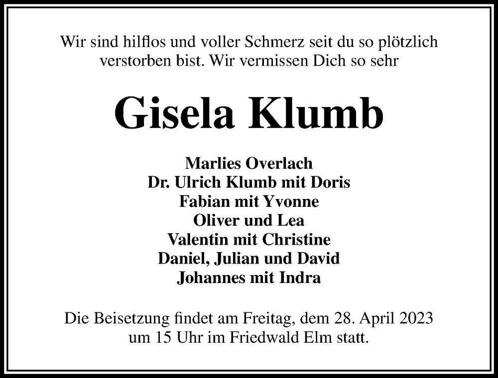  Traueranzeige für Gisela Klumb vom 15.04.2023 aus Aller Zeitung