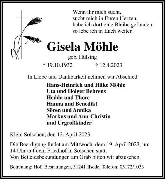 Traueranzeige von Gisela Möhle von Peiner Allgemeine Zeitung