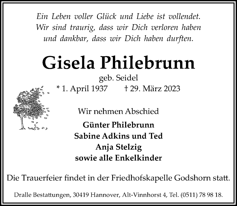  Traueranzeige für Gisela Philebrunn vom 08.04.2023 aus Hannoversche Allgemeine Zeitung/Neue Presse