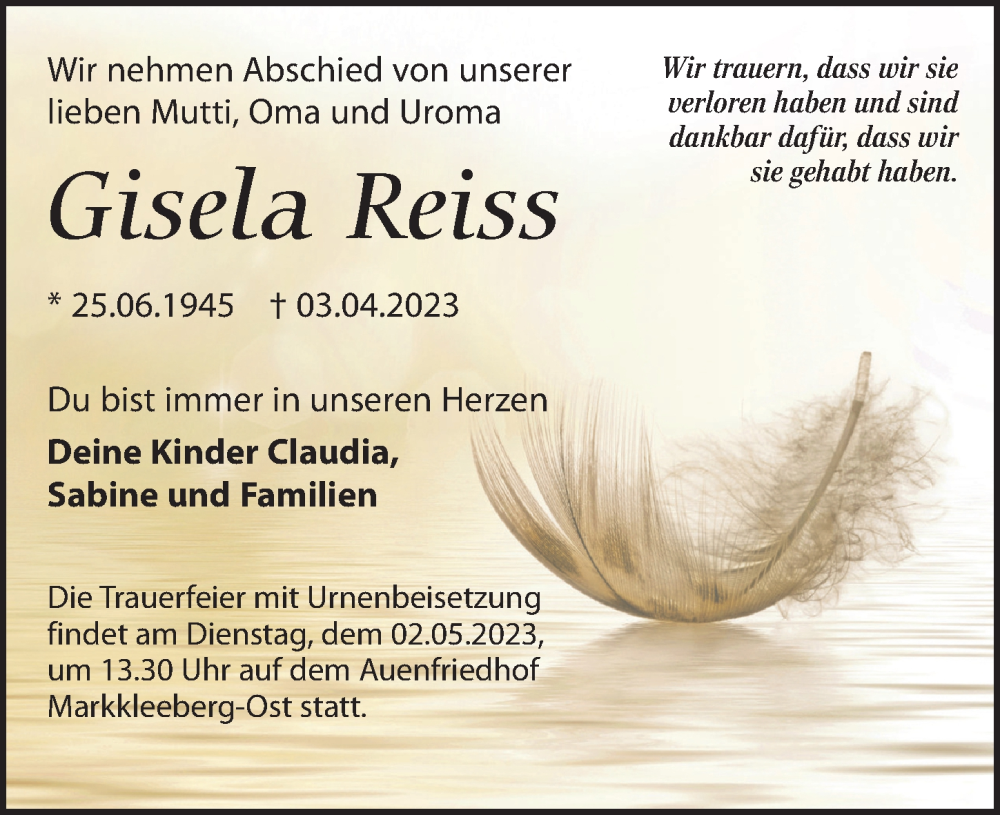  Traueranzeige für Gisela Reiss vom 22.04.2023 aus Leipziger Volkszeitung